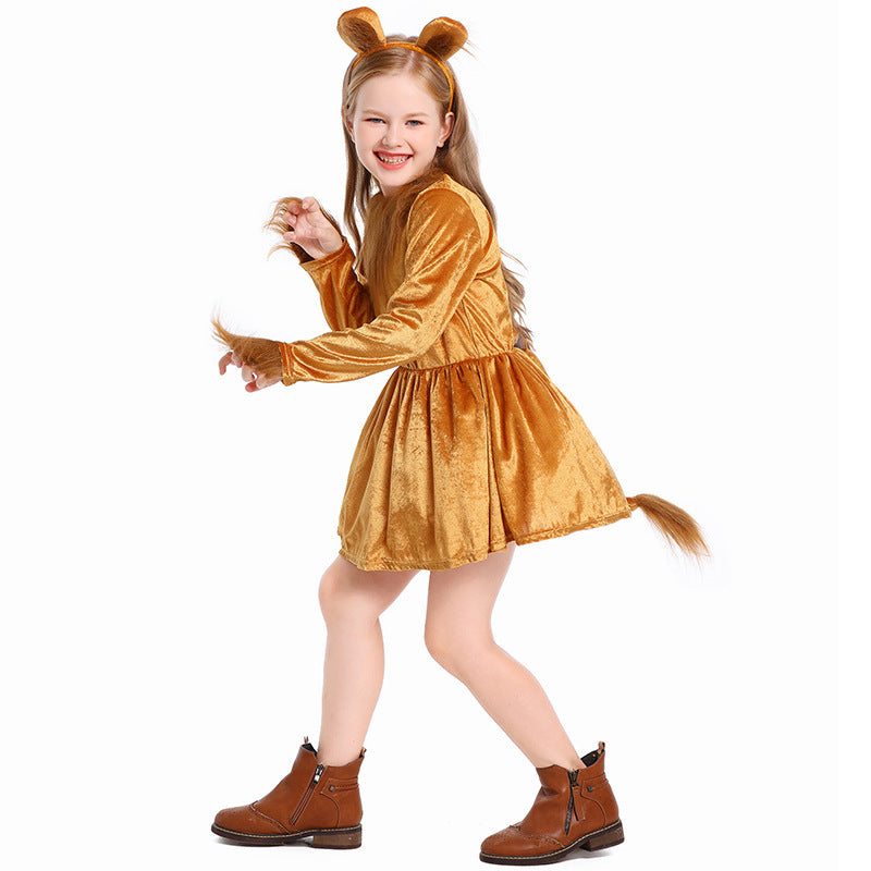 Girls Lion Costume with Fluffy Ear Accents and Swinging Skirt Chichicherry