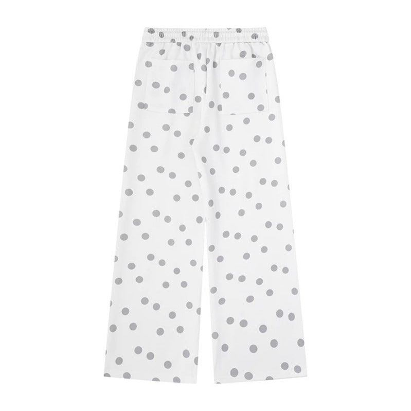 Women Wide Lounge Pants with Comfort Waistband, Polka Dot Allover and Playful Cartoon Print Chichicherry