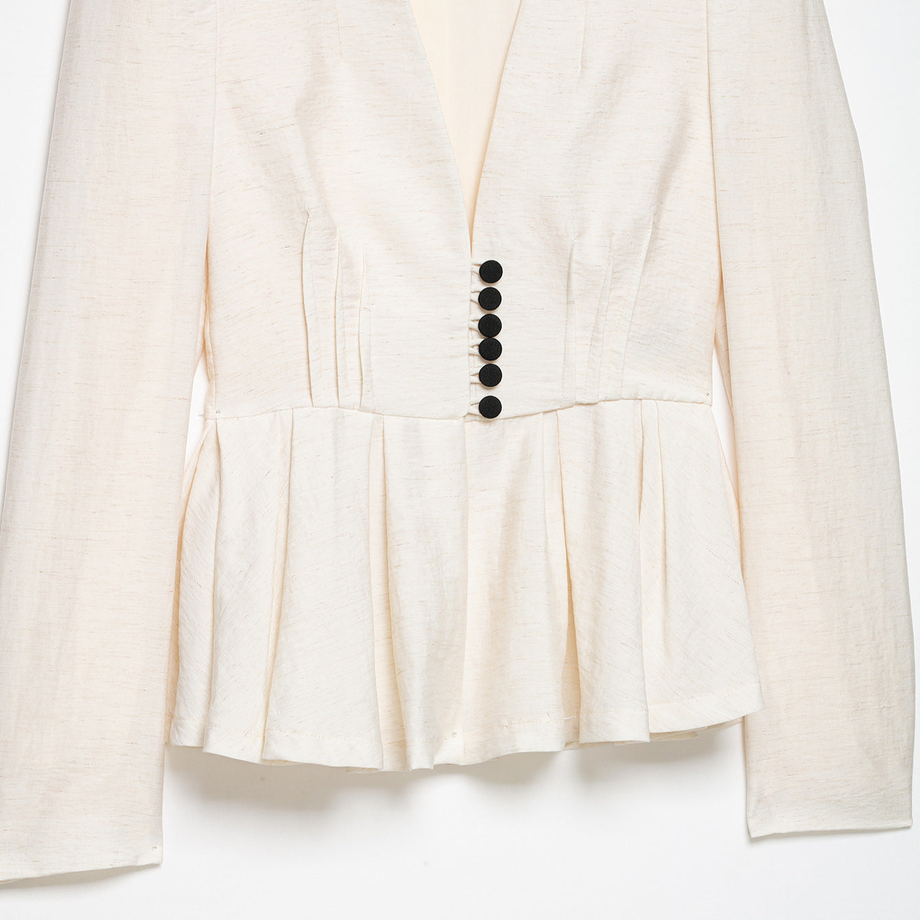 Women Tailored Blazer Jacket with Deep V-Neck, Pleated Peplum and Decorative Button Placket Chichicherry