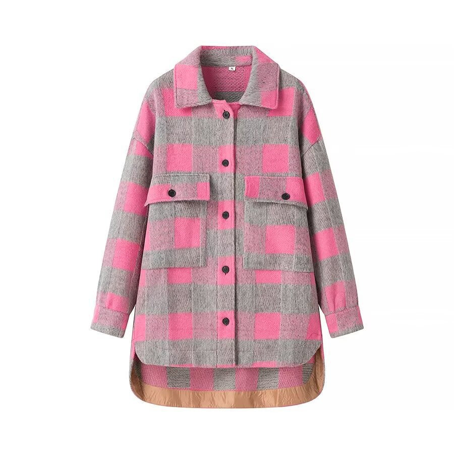 Women's Oversize Check Teddy Jacket with Extended Back and Patch Chest Pockets Chichicherry