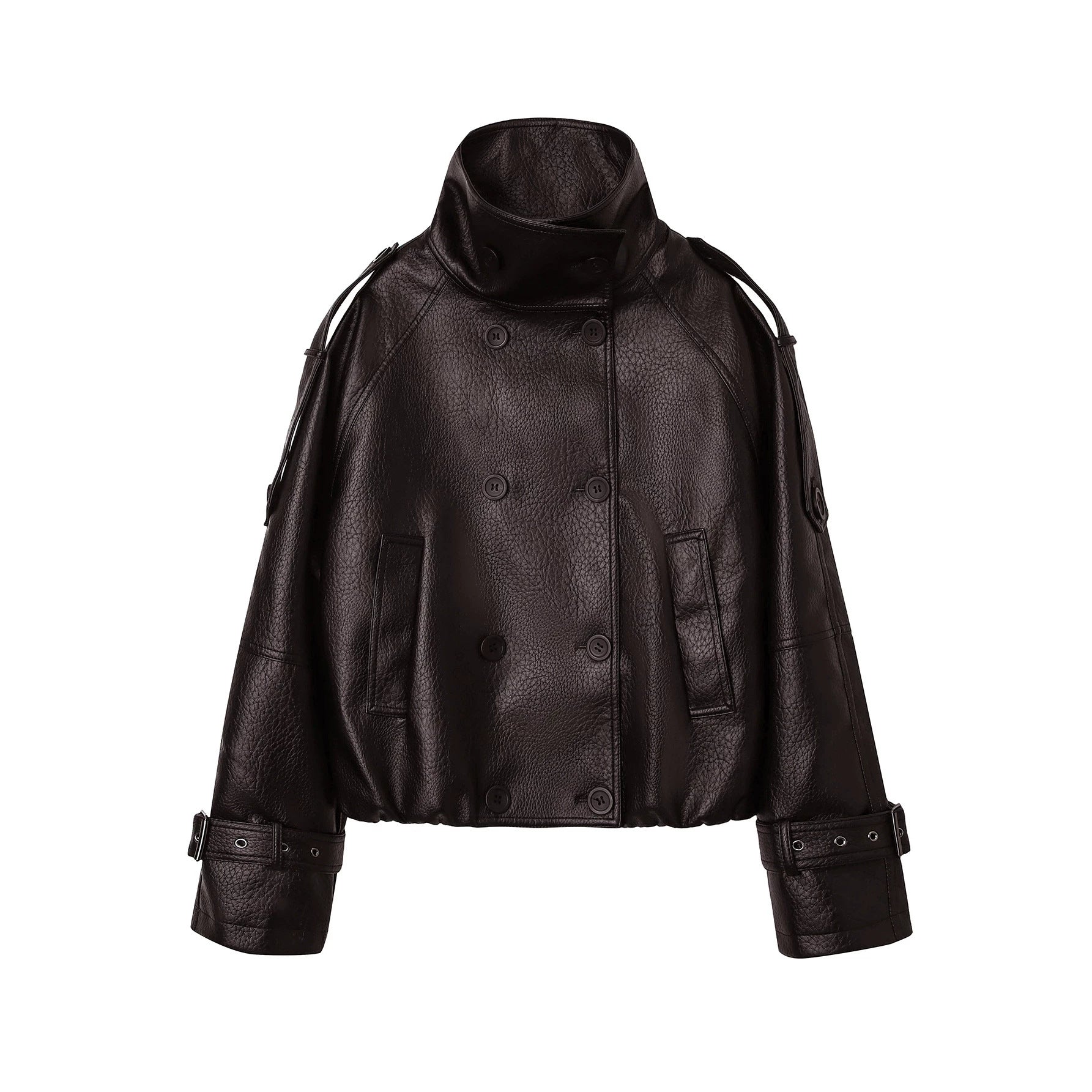 Men's short cut double-breasted leather jacket with high standing collar Chichicherry