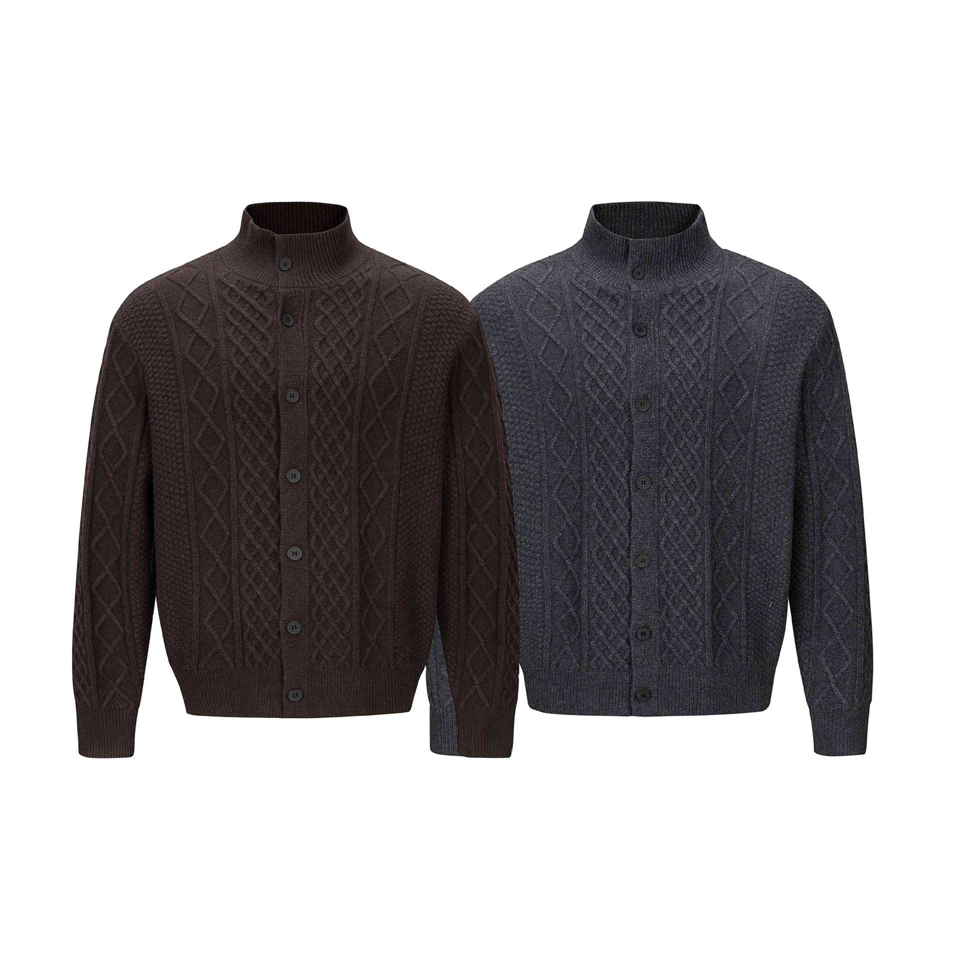 Men's knitted cardigan with cable pattern, standing collar and buttoned front Chichicherry