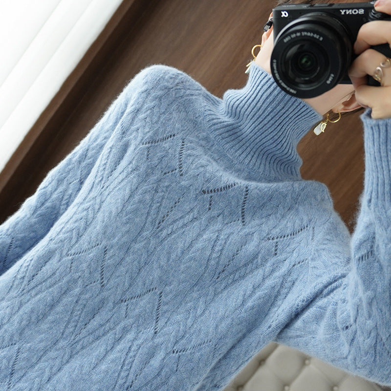 Women's Soft Mohair-Look Oversized Roll Neck Sweater with Lace Cable Structure Chichicherry