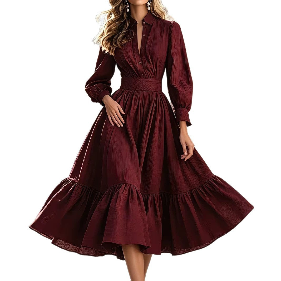 Women's shirt dress with wide smocked waistband, curved tiered frill, and long cuffed sleeves Chichicherry