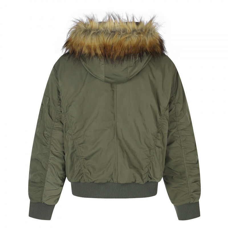 Women Padded Bomber Jacket with Hood and Faux Fur Collar Quilted Winter Jacket Chichicherry