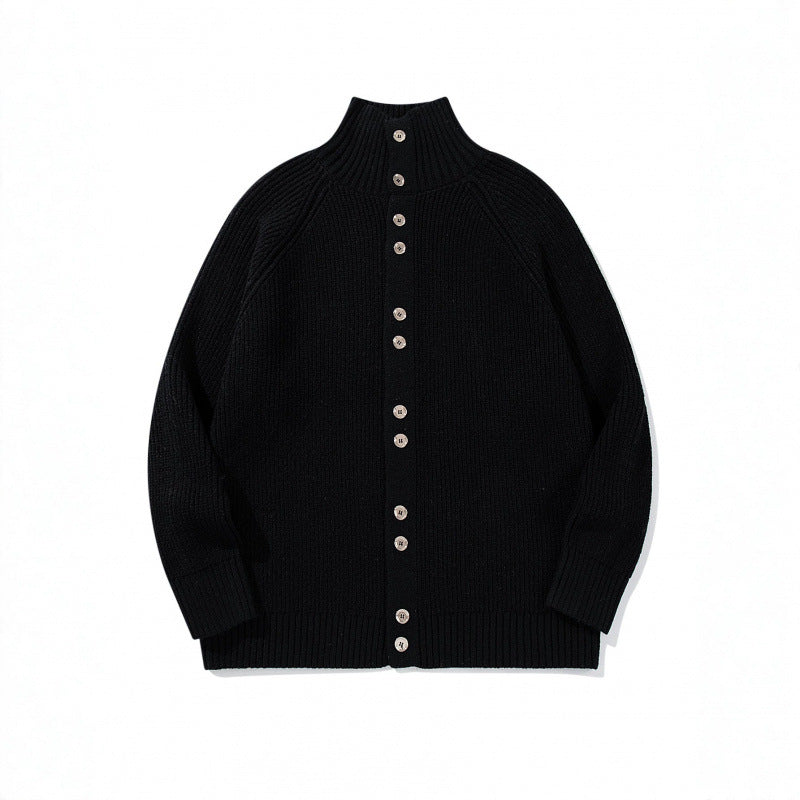 Men's chunky knit button cardigan with high roll collar and raglan sleeves Chichicherry