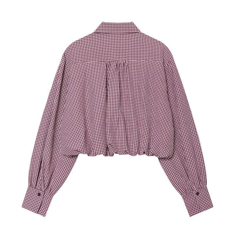 Ladies Short-Cut Checked Blouse with Balloon Sleeves, Elastic Hem and Breast Pocket Chichicherry