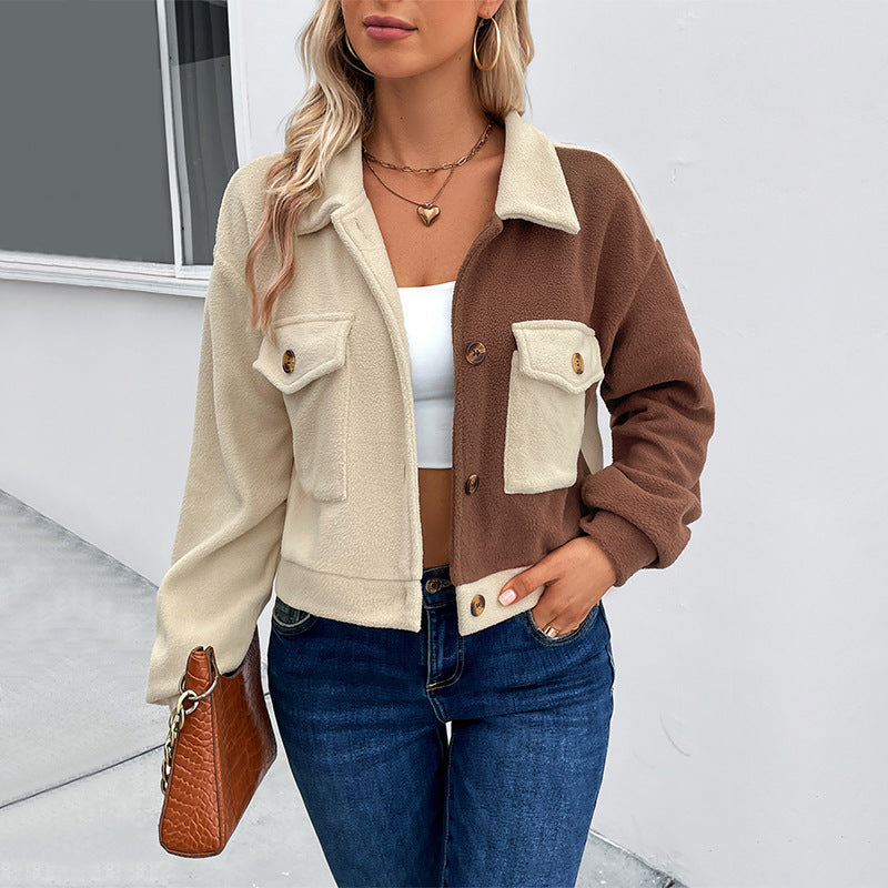 Women's short jacket made of teddy fleece with color block design & flap pockets Chichicherry