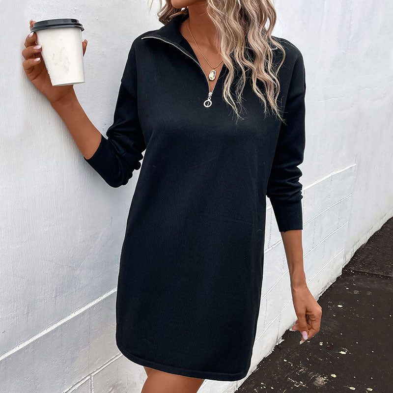 Women's Knitted Half-Zip Fine Knit Mini Dress with Stand-Up Collar and Ribbed Cuffs Chichicherry