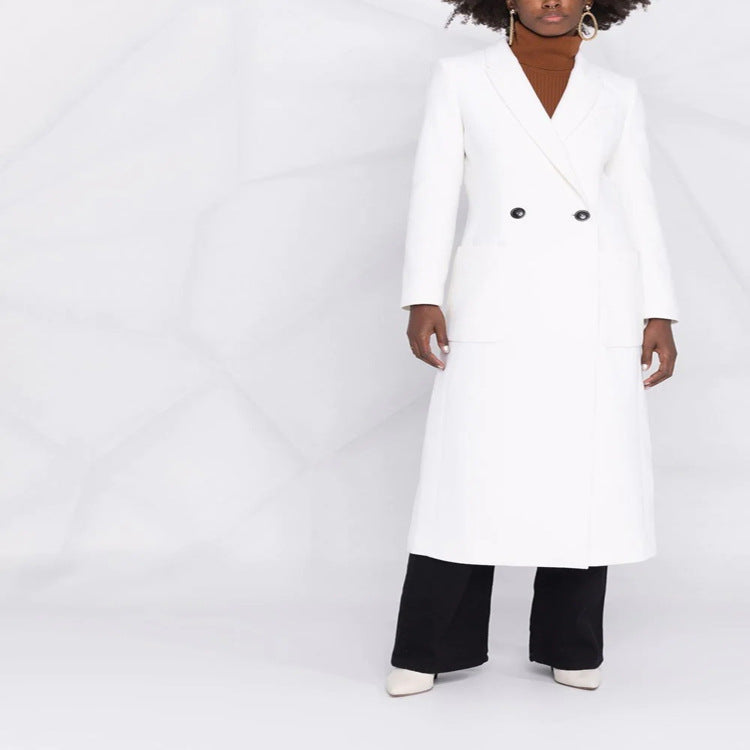 Women's Maxi Long Tailored Wool Blend Coat in Clean Tailoring with Accentuated Shoulder Chichicherry
