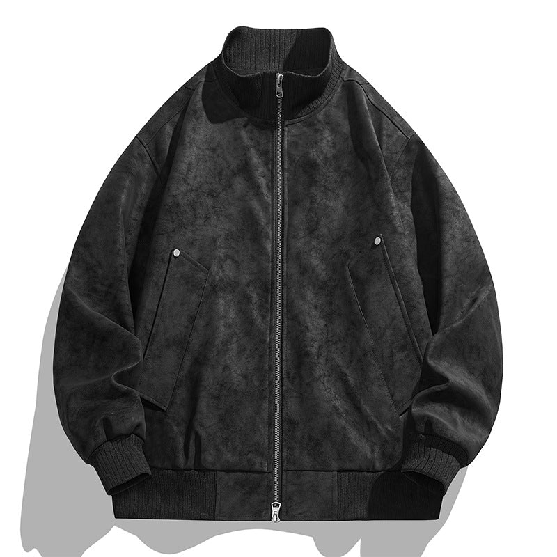 Men's Oversized Suede Look Bomber Jacket with Stand-Up Collar and Ribbed Cuffs Chichicherry