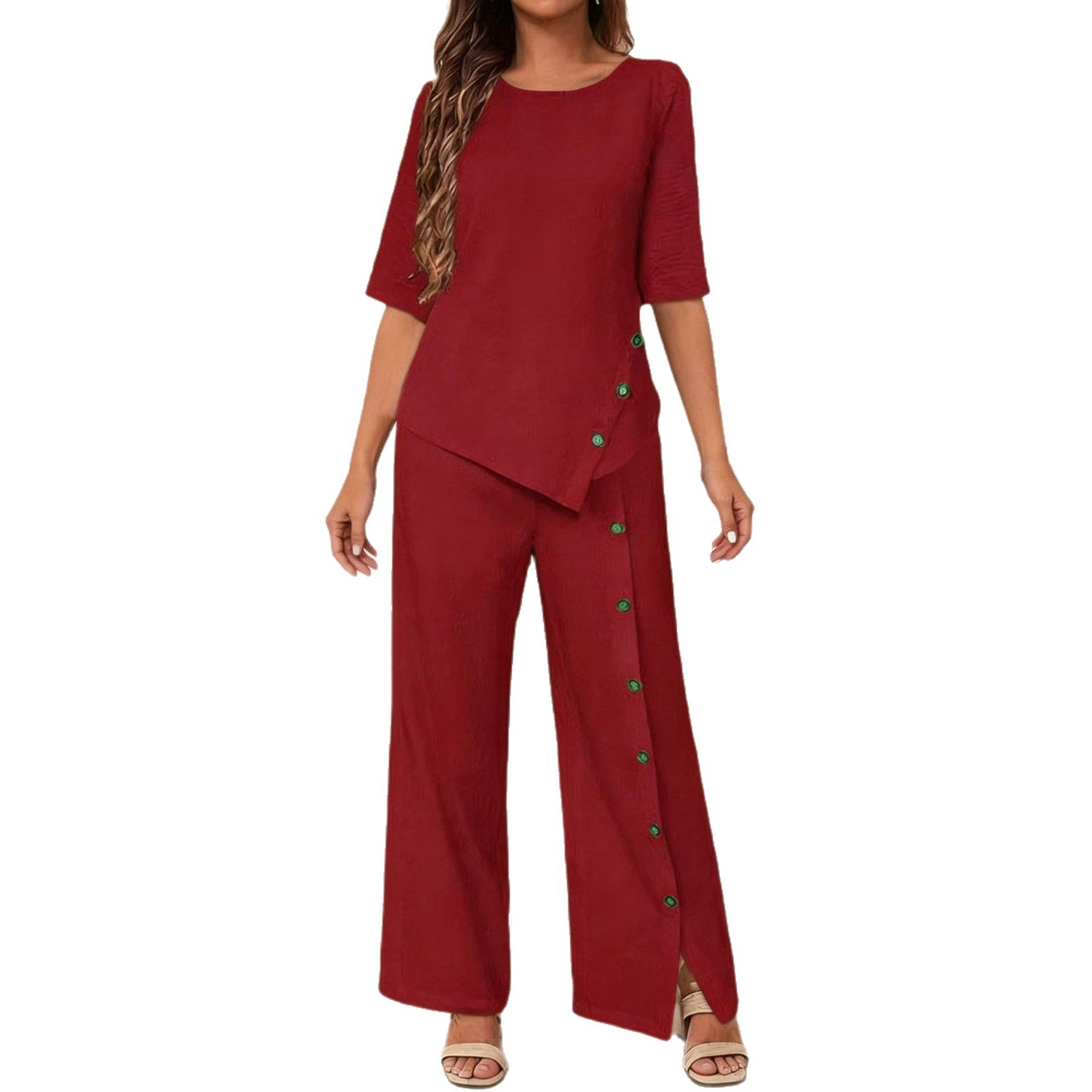 Damen asymmetrisches zweiteiliges Lounge-Set mit 3/4-Ärmeln und seitlicher Knopfverzierung Chichicherry