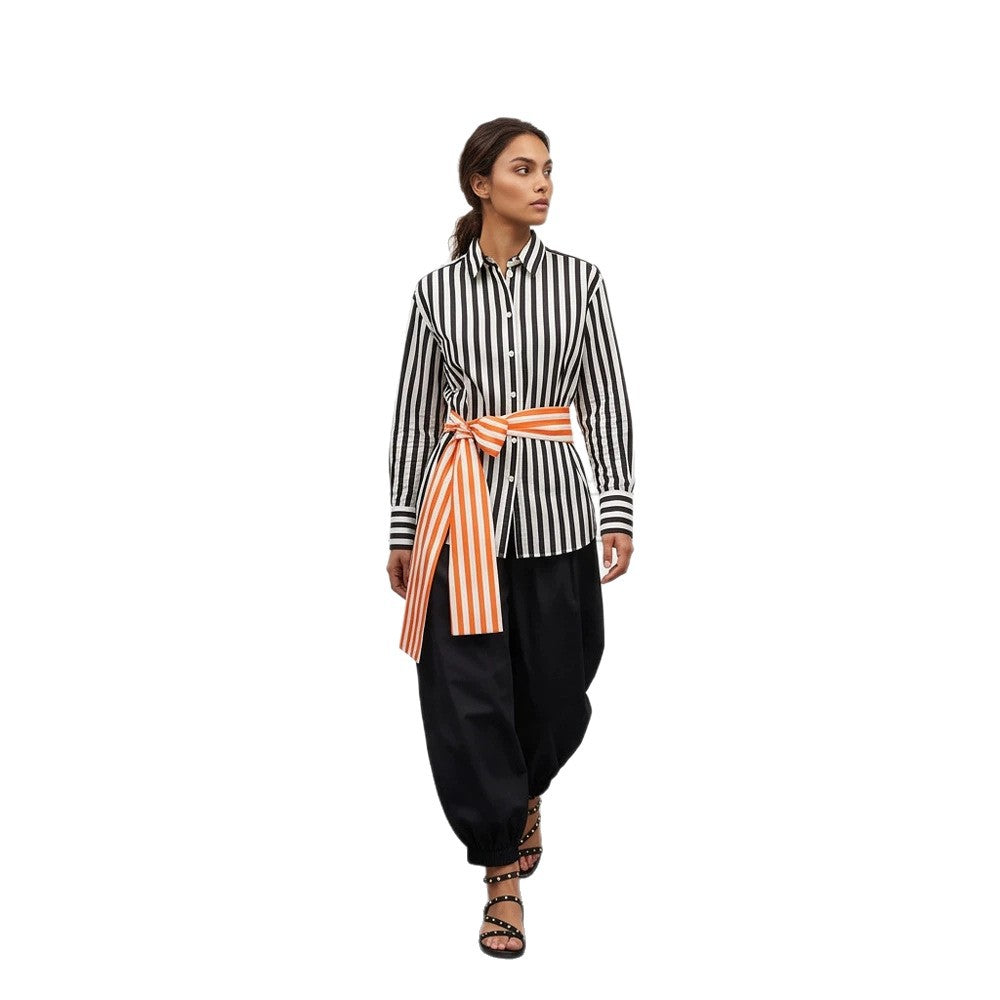 Women Vertical Striped Oversize Shirt Blouse with Boxy Silhouette and Tie Belt Chichicherry