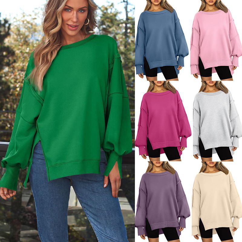Ladies Soft Longline Sweatshirt with Balloon Sleeves, Side Slits and Ribbed Hem Chichicherry
