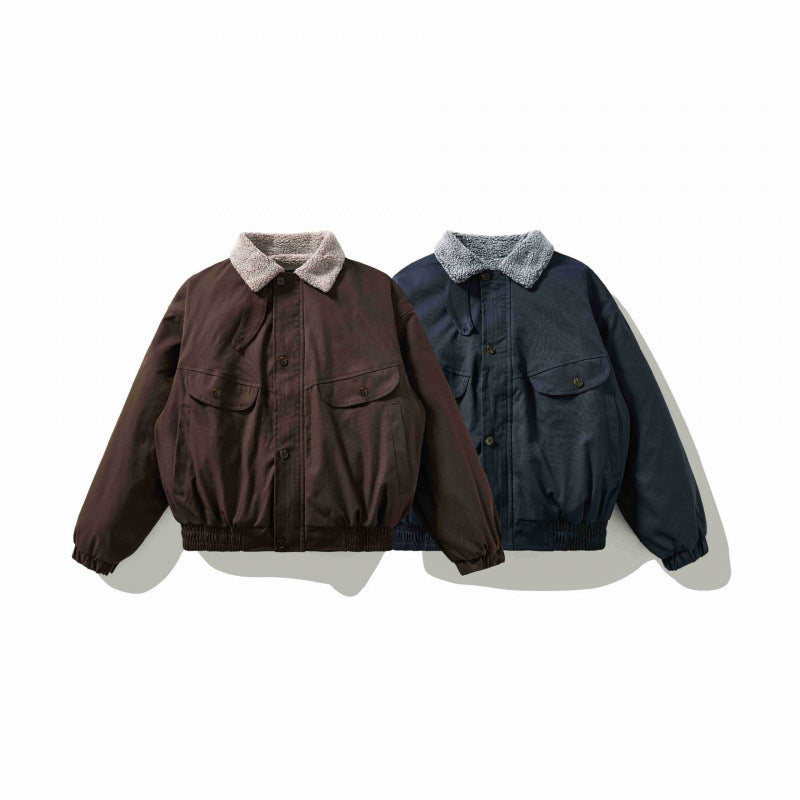 Men's Boxy Utility Bomber Jacket with Sherpa Collar and Concealed Snap Placket Chichicherry