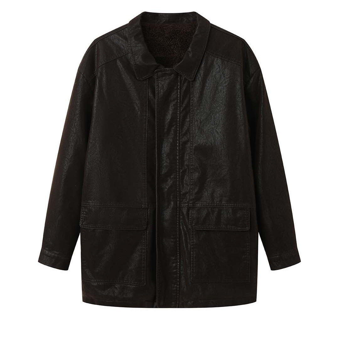 Women Oversized Leather Look Bomber Jacket with Teddy Lining and Metal Zipper Chichicherry