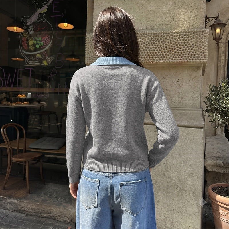 Women's fine knit polo sweater with contrasting shirt collar and V-neck Chichicherry