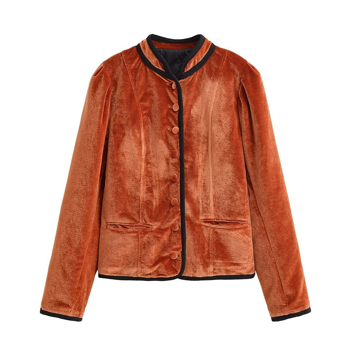 Ladies velvet jacket with stand-up collar, contrasting piping and button closure Chichicherry
