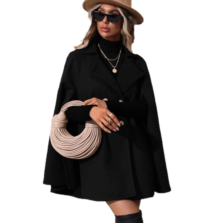 Women's Double-breasted Wool Cape Coat with Arm Openings and Stand-up Collar Chichicherry