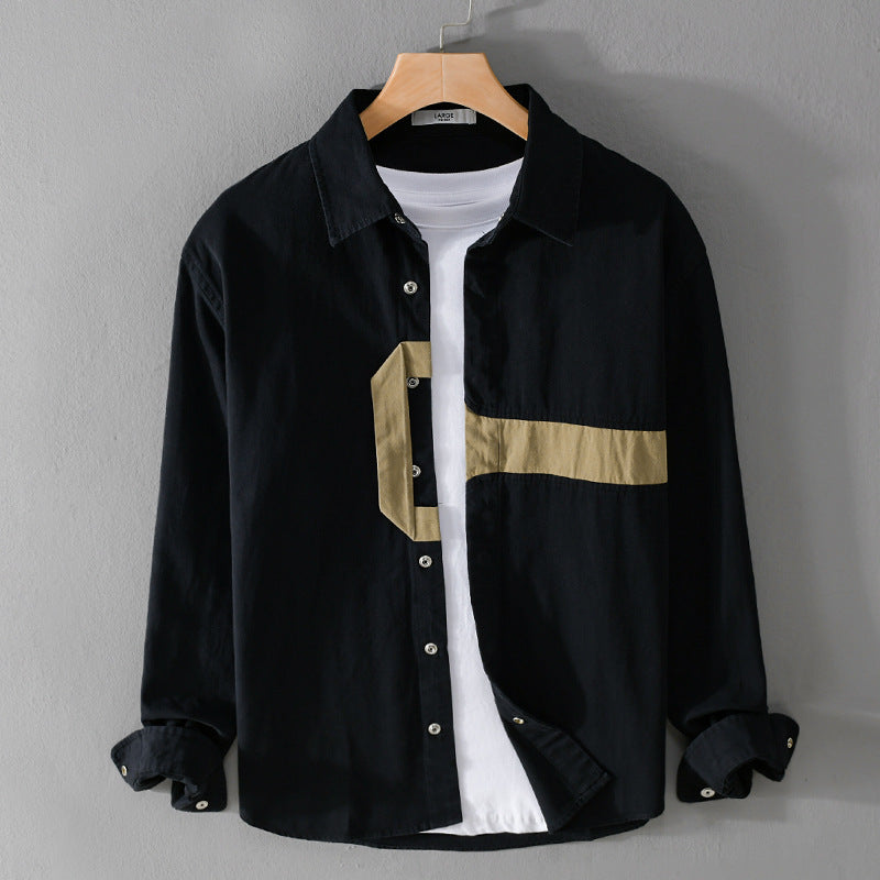 Men's Casual Overshirt Shirt with Geometric Contrast Stripe and Snap Placket Chichicherry