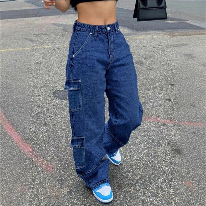 Women's high-waisted wide cargo denim pants with elastic waistband and multiple pockets Chichicherry