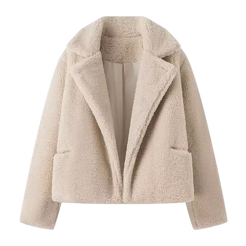 Women Short Faux Fur Teddy Blouson with Wide Lapel Collar Chichicherry