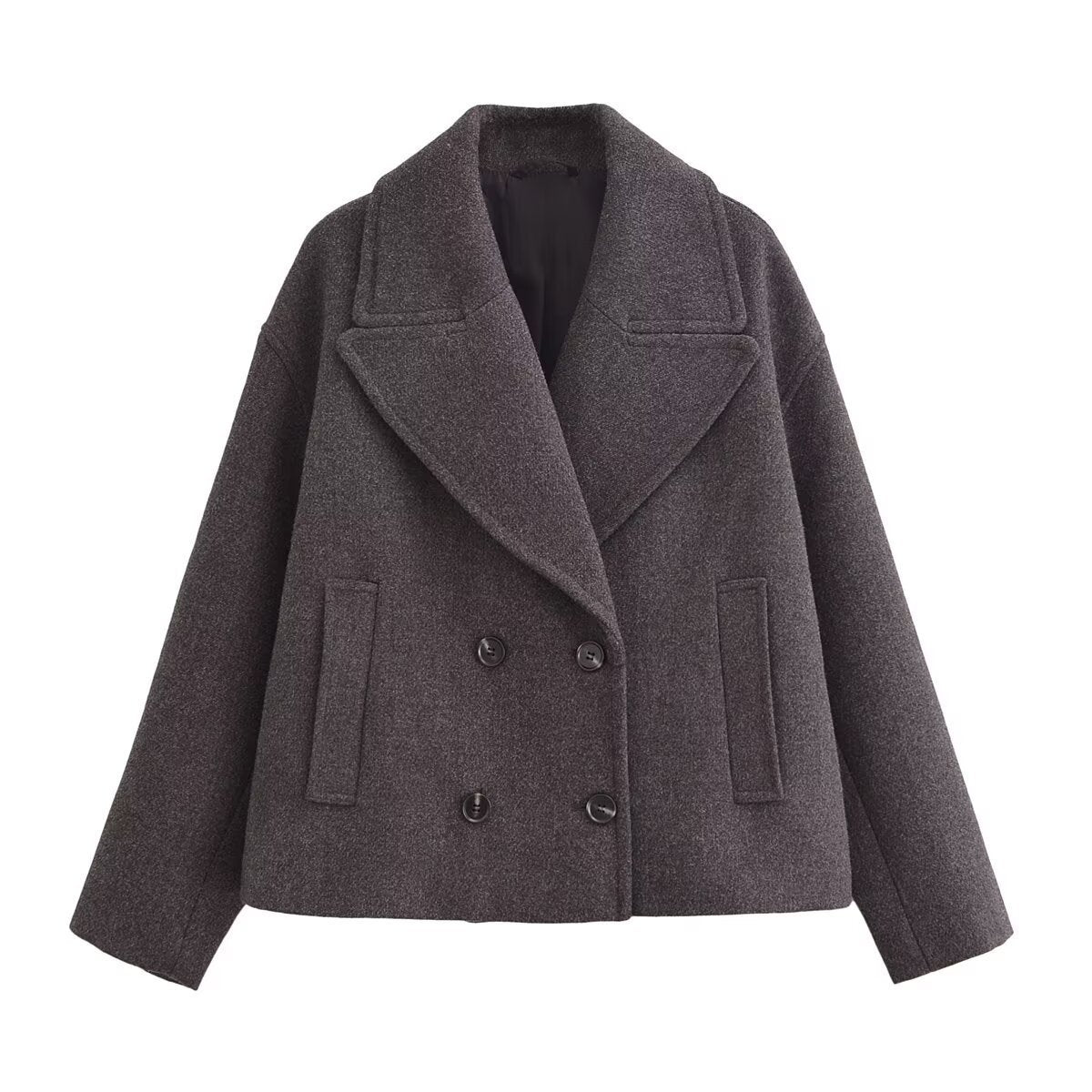 Women short cut wool blend peacoat with wide lapels and side pockets Chichicherry