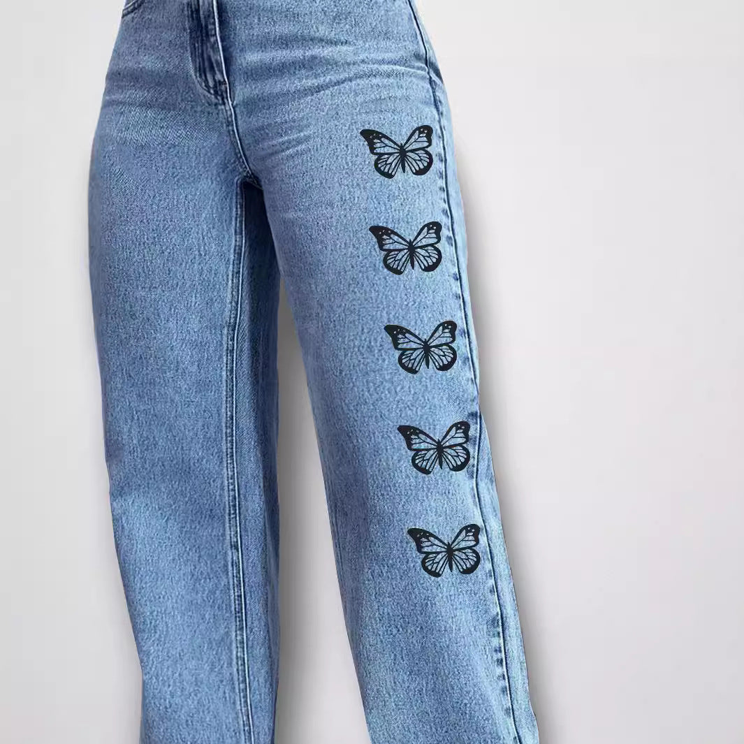 Ladies High-Waist Loose-Fit Denim Pants with Side Butterfly Print Chichicherry