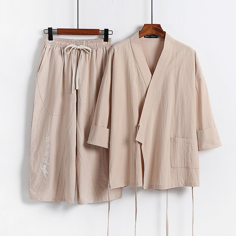 Unisex Lightweight Kimono Loungewear Set made of Cotton-Linen with Embroidered Harem Pants and Tie Belt Chichicherry
