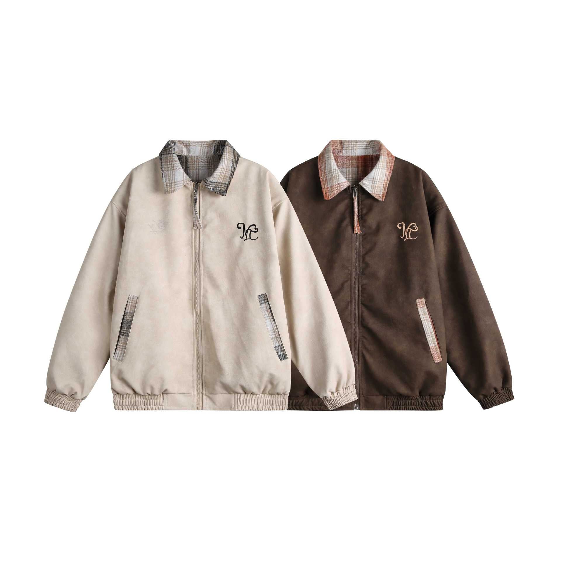 Women's short cut boxy jacket in suede look with checked collar and elastic hem Chichicherry