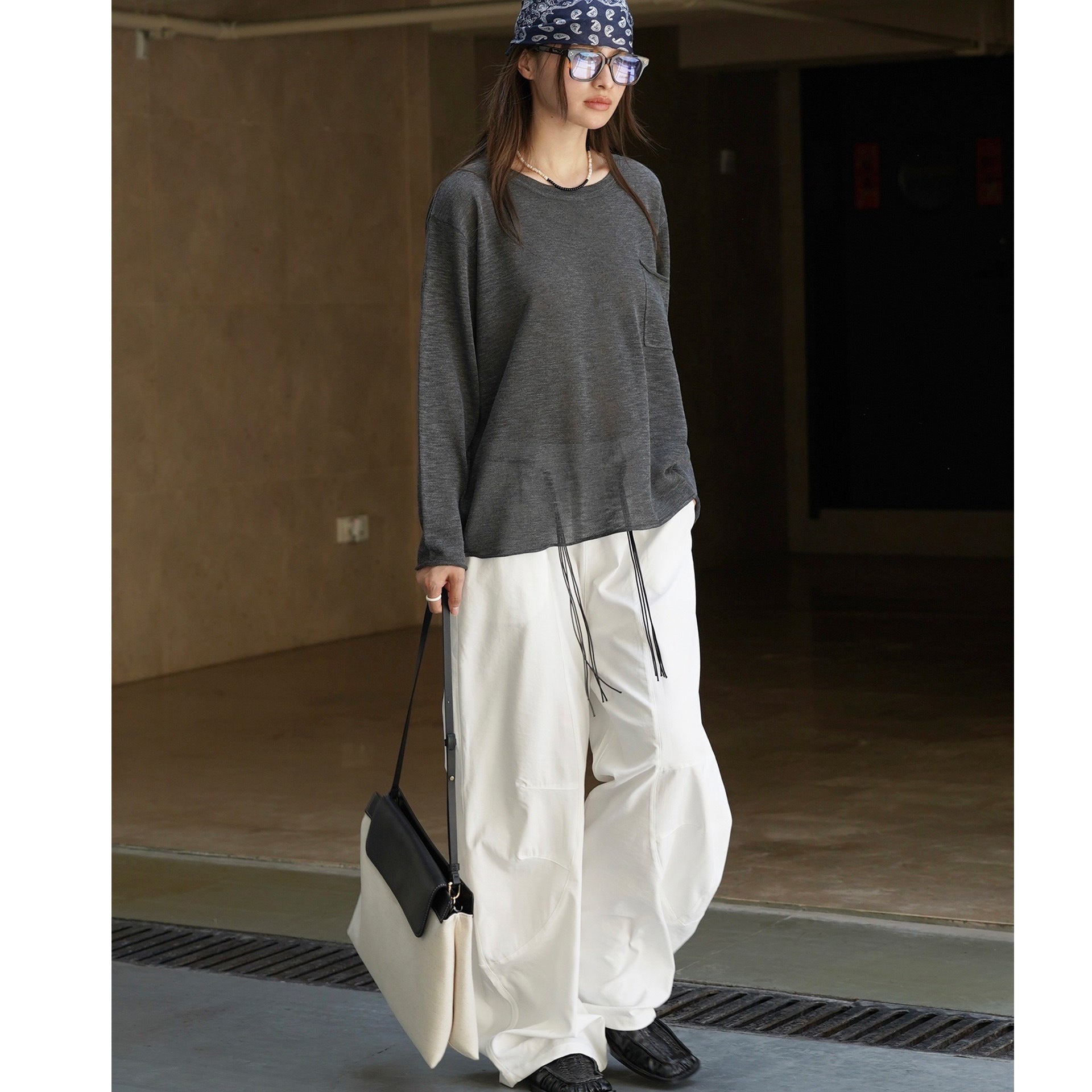 Ladies Wide Lightweight Fine Knit Long Sleeve with Chest Pocket and Round Neckline Chichicherry