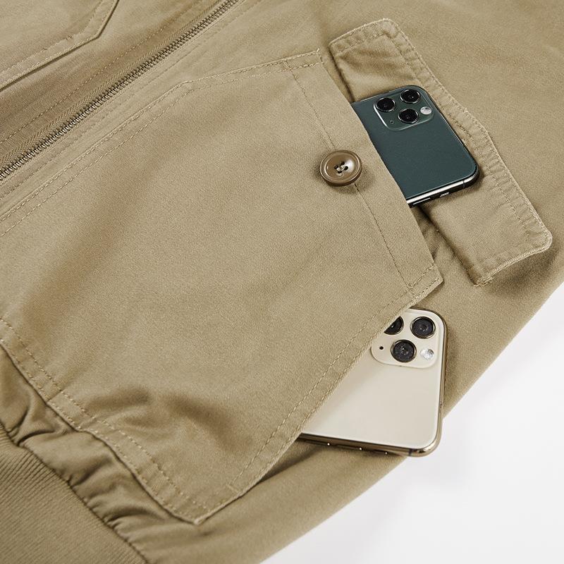 Men's Lightweight Flight Bomber Jacket in Utility Canvas with Arm Pocket and Patch Flap Pockets Chichicherry