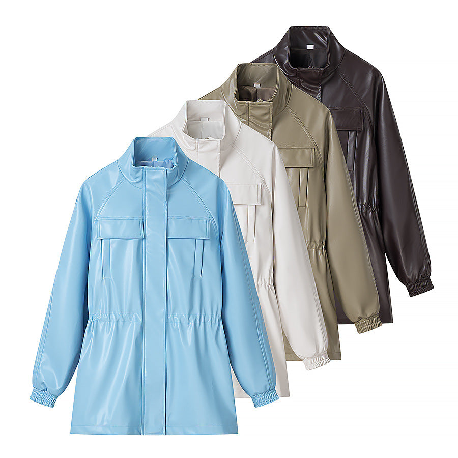 Women's faux leather parka with drawstring waist, stand-up collar, and flap pockets Chichicherry