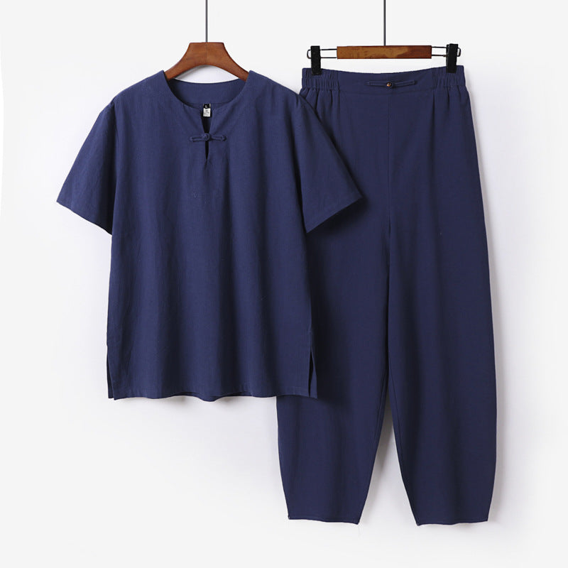 Men's Two-Piece Set with Short Sleeve Stand Collar Shirt and Elastic Harem Pants Chichicherry