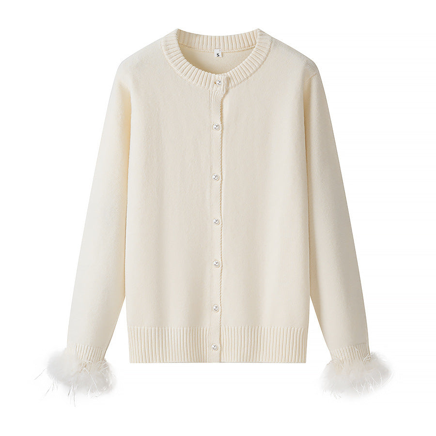 Women's Pearl Button Cardigan with Faux Feather Cuffs Chichicherry