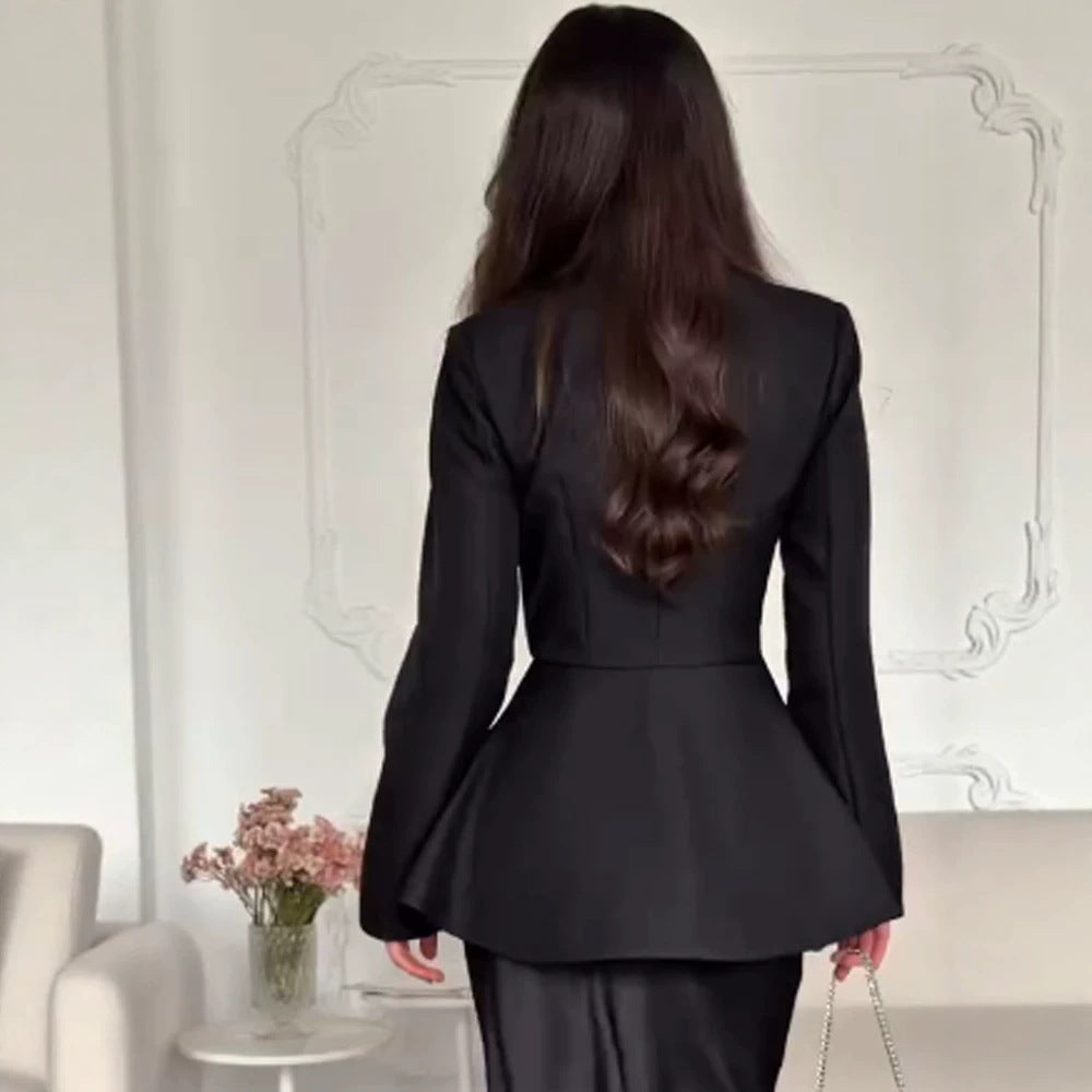 Women's Tailored Peplum Jacket with Stand Collar and Decorative Toggle Fasteners Chichicherry