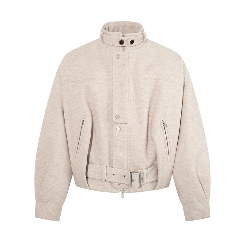 Women's short wool bomber jacket with high stand collar, waist belt and concealed zipper Chichicherry