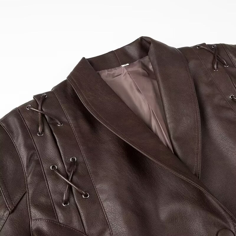 Women Short Blazer Leather Jacket with Shawl Collar, Waist Belt and Lacing Detail Chichicherry