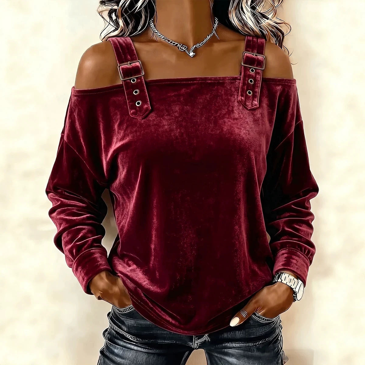 Women's Off-The-Shoulder Velvet Top with Adjustable Strap and Casual Oversized Fit Chichicherry
