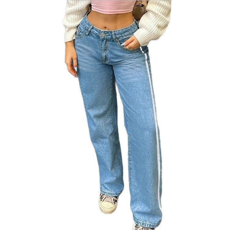 Women's wide High-Waist denim jeans with side contrast stripe Chichicherry