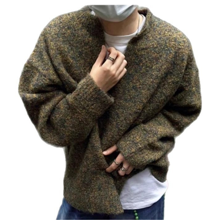 Herren Melangé Grobstrick-Pullover mit V-Schlitz und lockerem Oversize-Schnitt Chichicherry