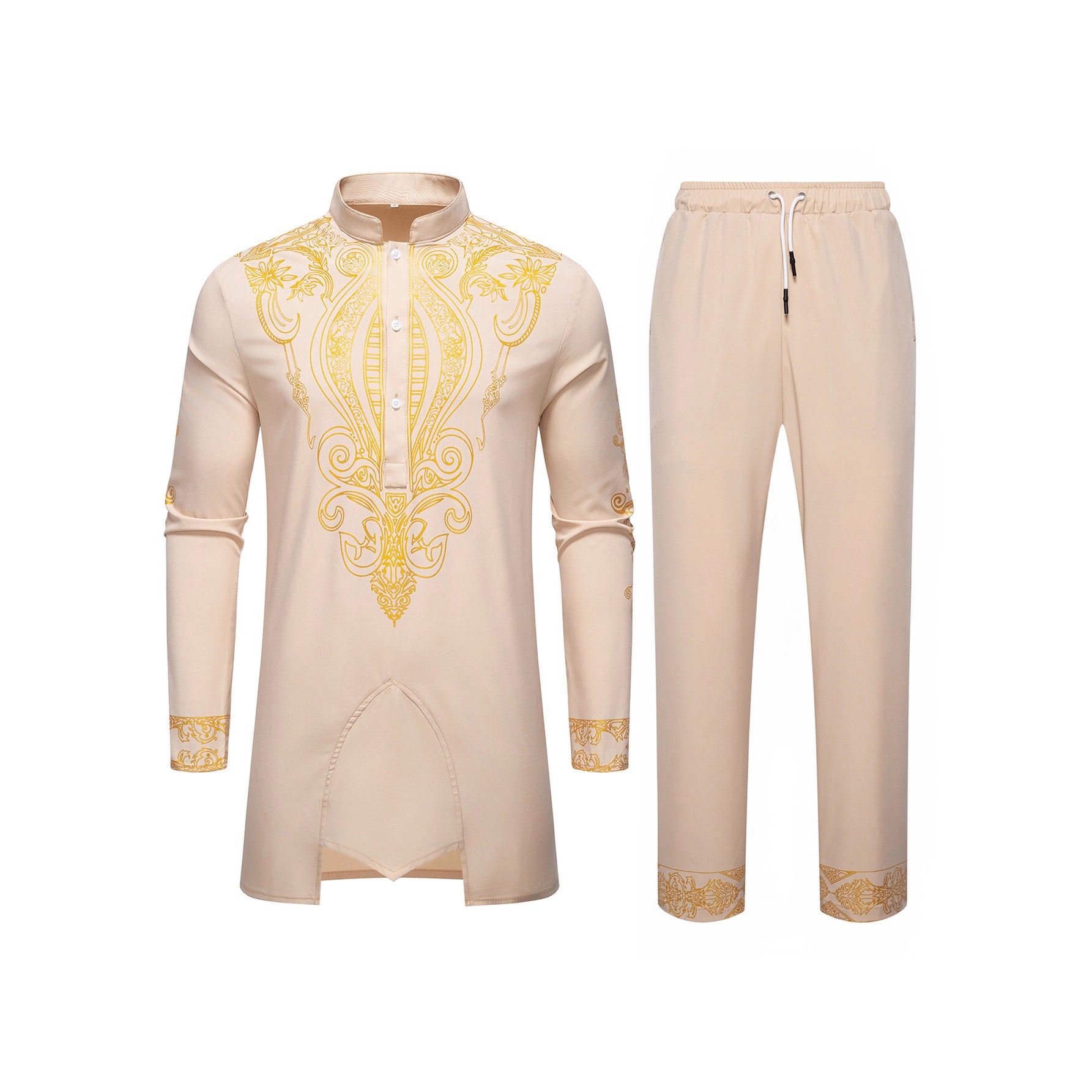 Men's Tunic Suit with Stand Collar and Ornamental Gold Application Chichicherry