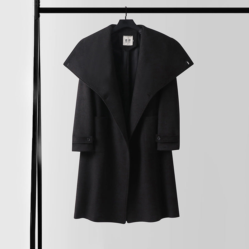 Women Maxi Length Wool Blend Coat with Oversized Shawl Collar and Patch Pockets Chichicherry