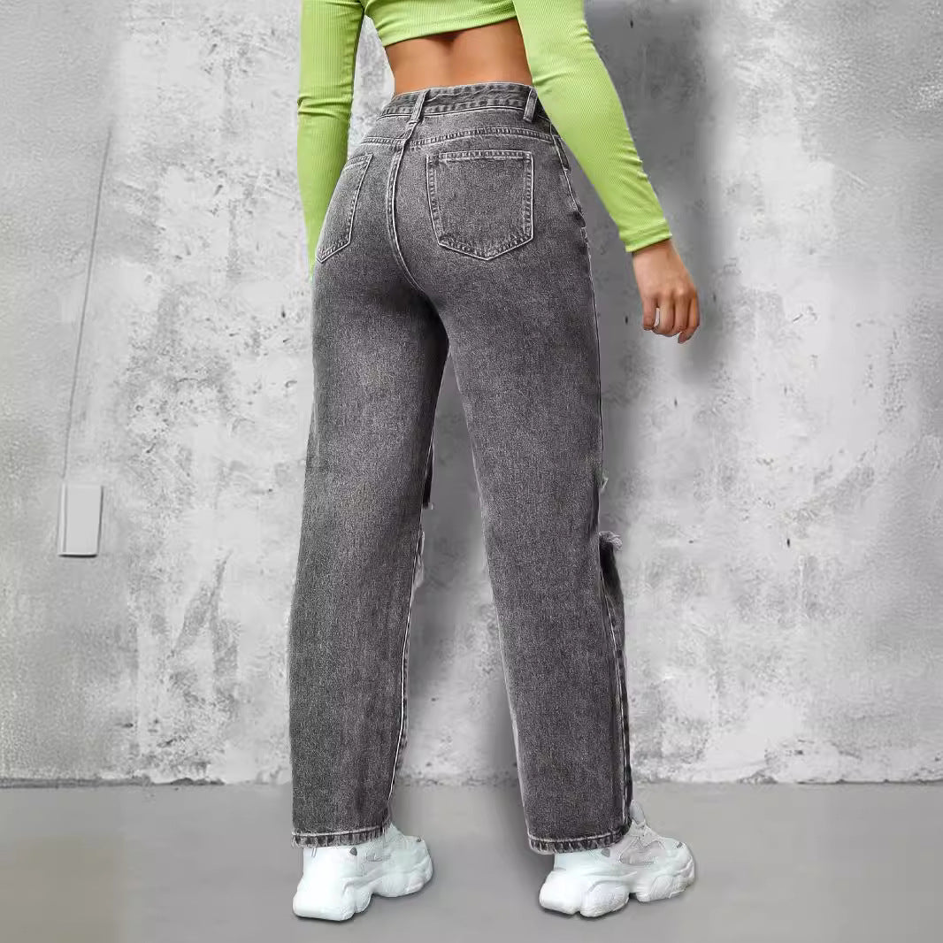 Ladies High-Waist Ripped Straight-Leg Jeans with Knee Cutouts and Used Wash Chichicherry