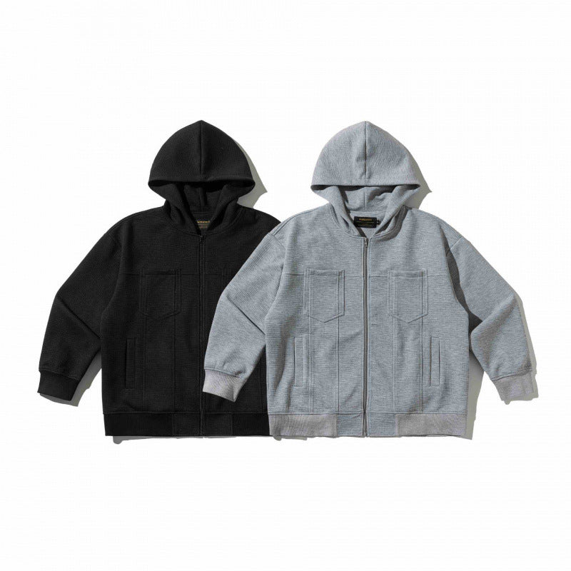 Unisex Oversize Hooded Zip Jacket made of Waffle Knit with Chest and Slash Pockets Chichicherry