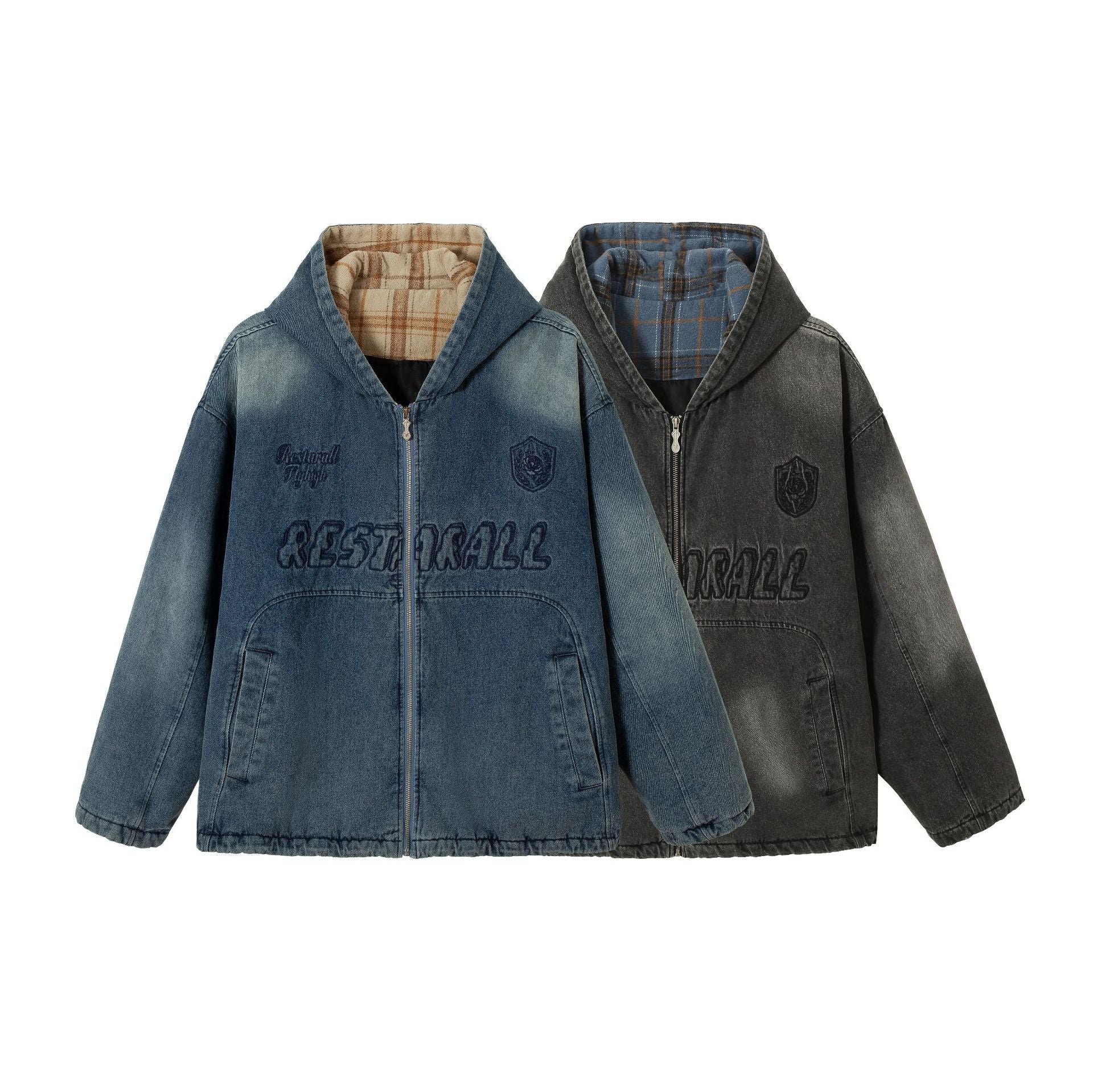 Men's Washed-Denim Hoodie in Oversized Look with Checked Lined Hood Chichicherry