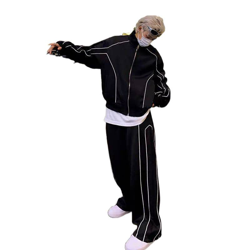 Unisex Oversize-Trainingsanzug-Set mit Kontrastpaspel, Reißverschlussjacke und weiter Bundhose Chichicherry