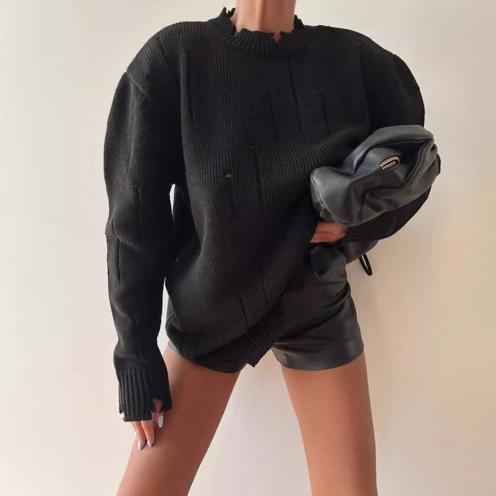 Damen Oversized Grobstrickpullover mit Distressed-Details und geripptem Saum Chichicherry