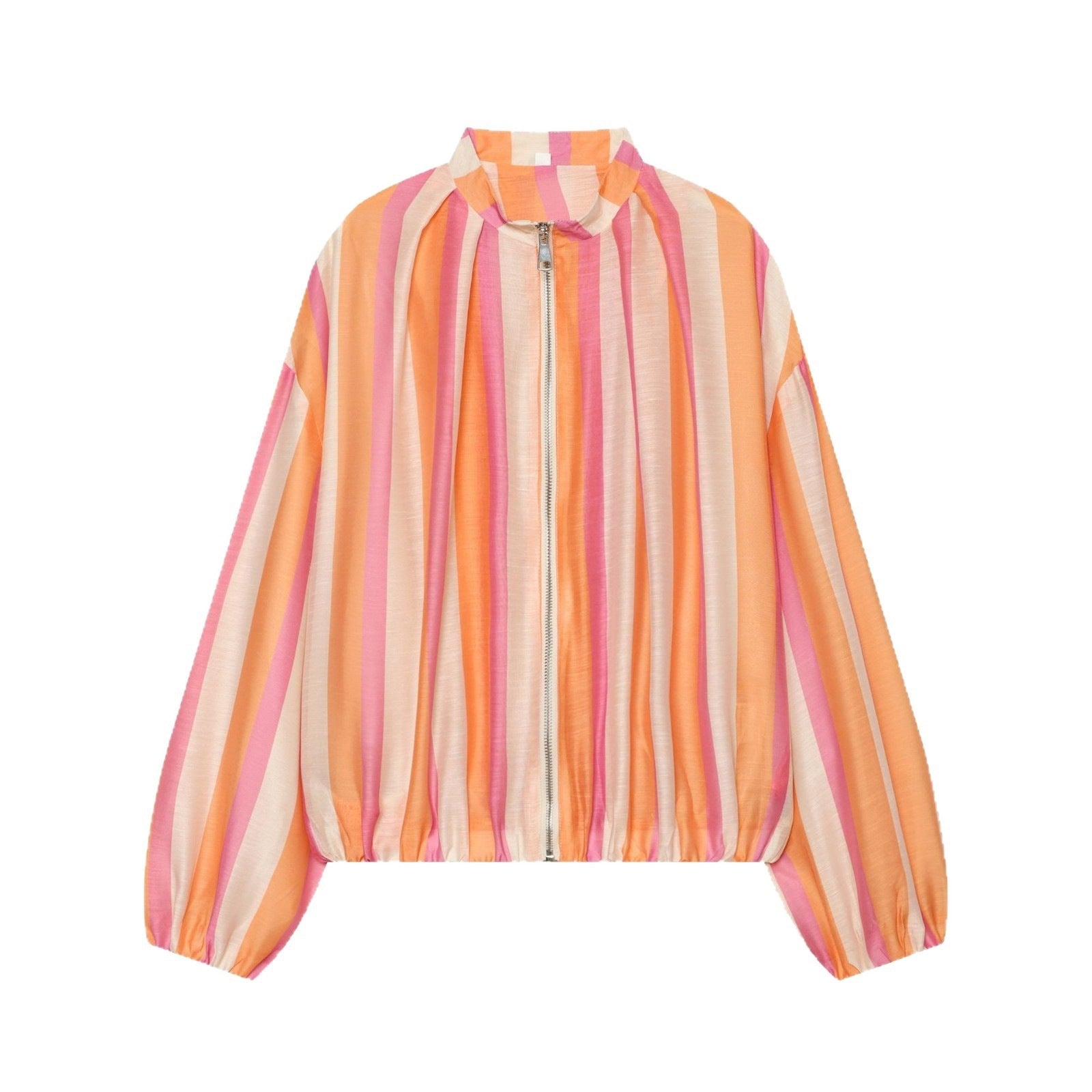 Women's Striped Cropped Bomber Jacket with High Stand Collar, Balloon Sleeves and Zipper Chichicherry