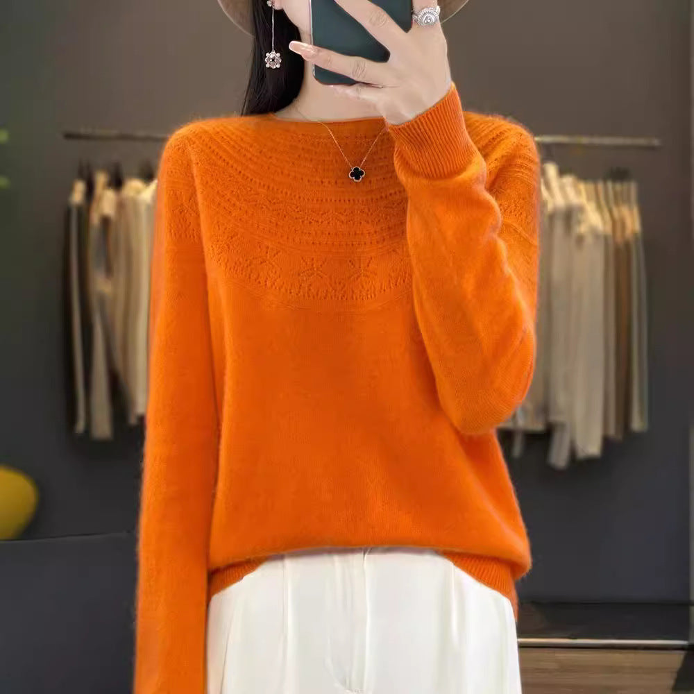 Ladies Soft Ajour-Yoke Round Neck Sweater in Cashmere-Look Fine Knit Chichicherry